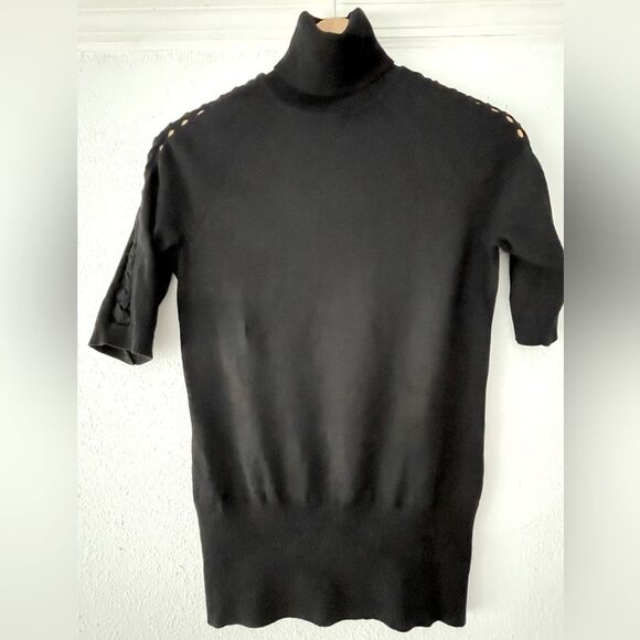 Caché black short sleeve sweater turtle neck with braid pattern on sleeve Sz: S - Picture 1 of 6